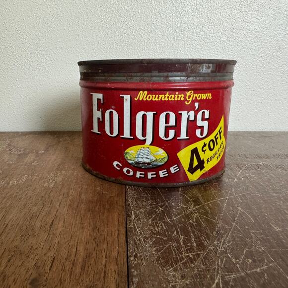 Vintage 1959 Folgers 4 Cents off Coffee‎ Can Tin Metal Short Advertising Decor - Picture 3 of 9